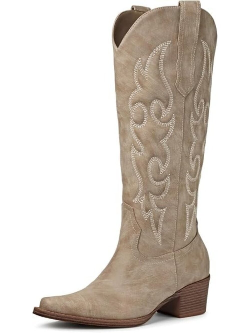 Women's Beige Knee High Cowboy Boots 3D Padded Pointed Toe Western Cowgirl Boots
